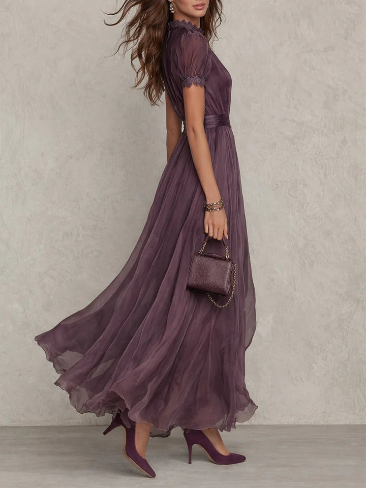 Elegant Mauve Chiffon Maxi Dress with Lace Trim and Satin Waist Belt