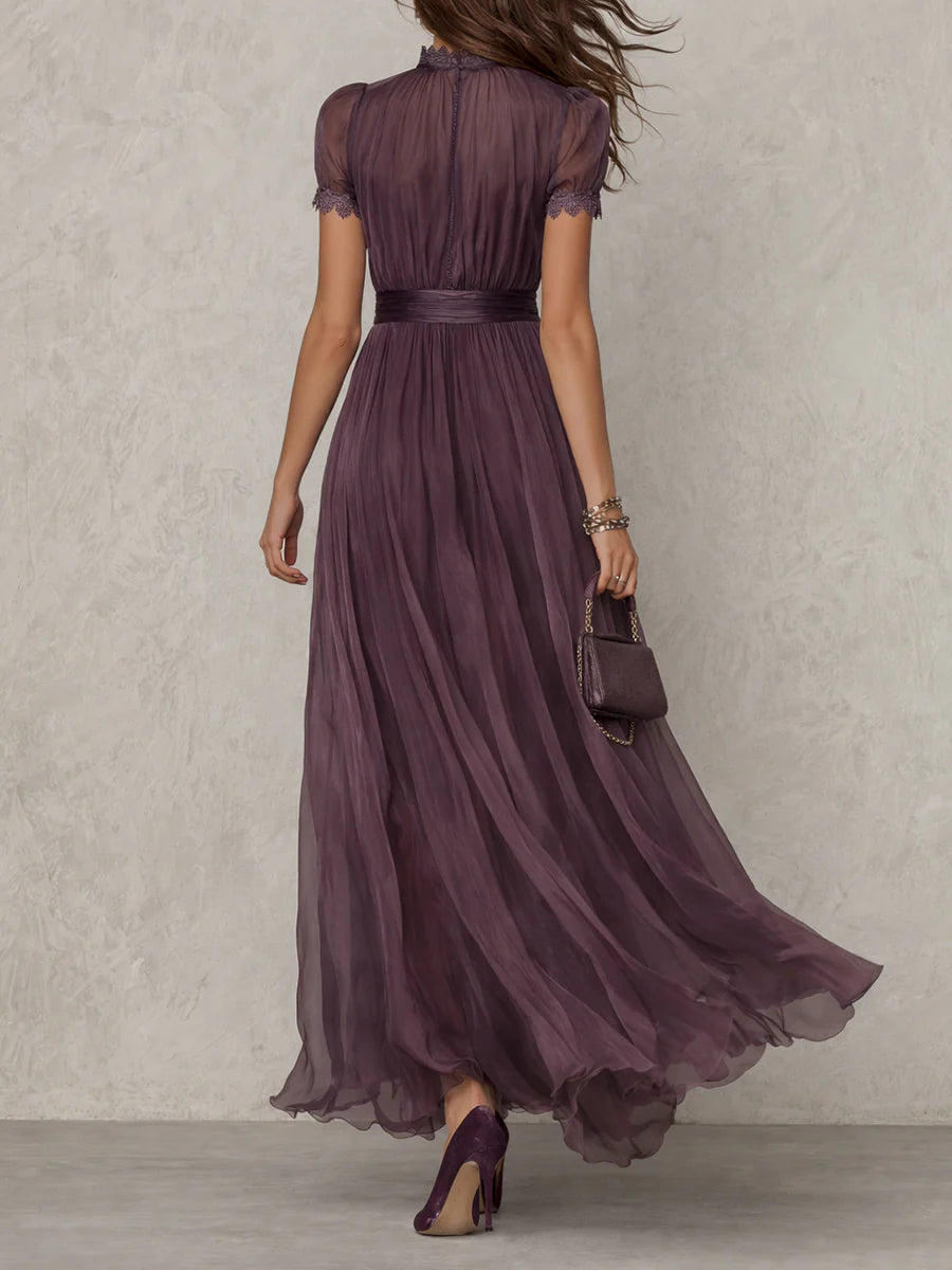 Elegant Mauve Chiffon Maxi Dress with Lace Trim and Satin Waist Belt