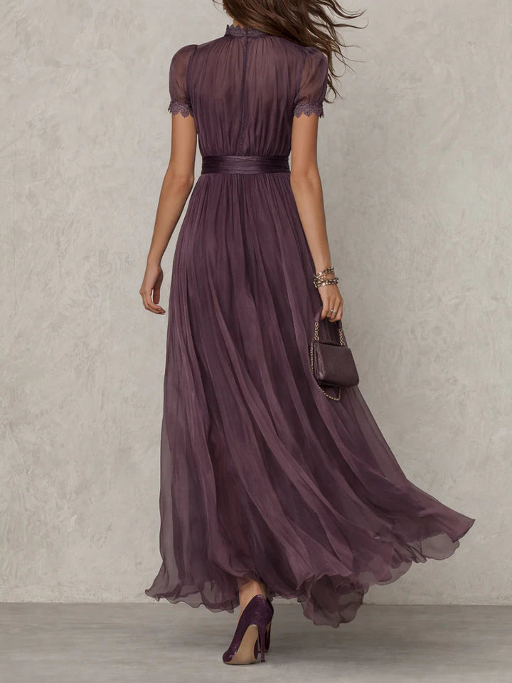 Elegant Mauve Chiffon Maxi Dress with Lace Trim and Satin Waist Belt
