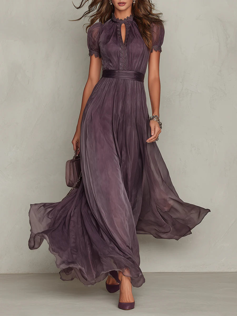Elegant Mauve Chiffon Maxi Dress with Lace Trim and Satin Waist Belt