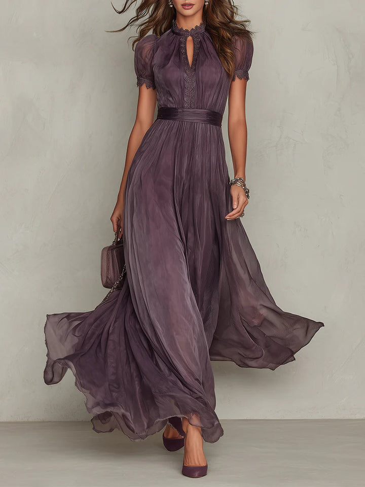Elegant Mauve Chiffon Maxi Dress with Lace Trim and Satin Waist Belt