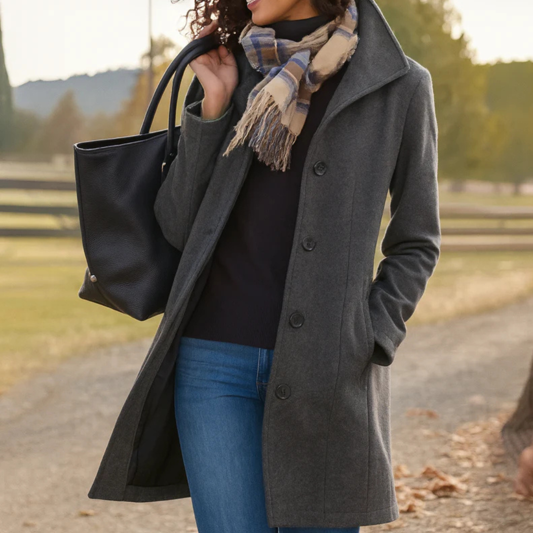 Elegant Mid Length Wool Coat with High Collar