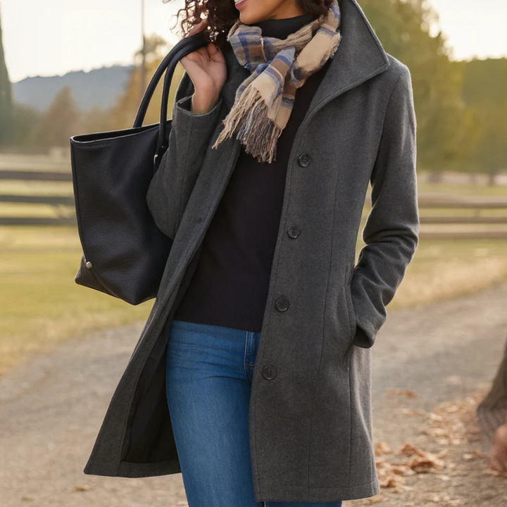 Elegant Mid Length Wool Coat with High Collar