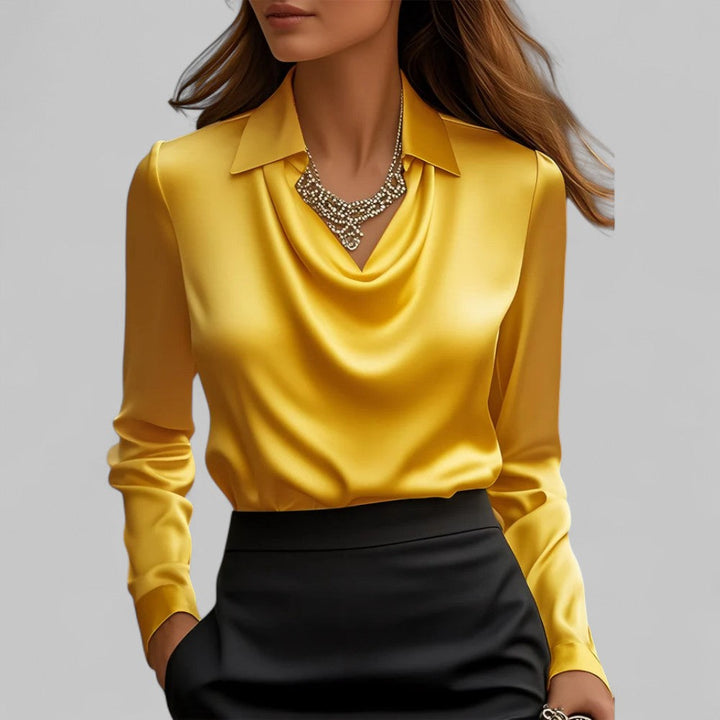 Elegant Satin Blouse with Draped Neckline and Classic Collar