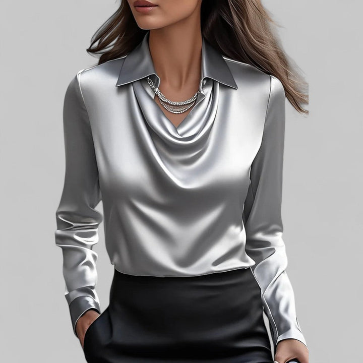 Elegant Satin Blouse with Draped Neckline and Classic Collar