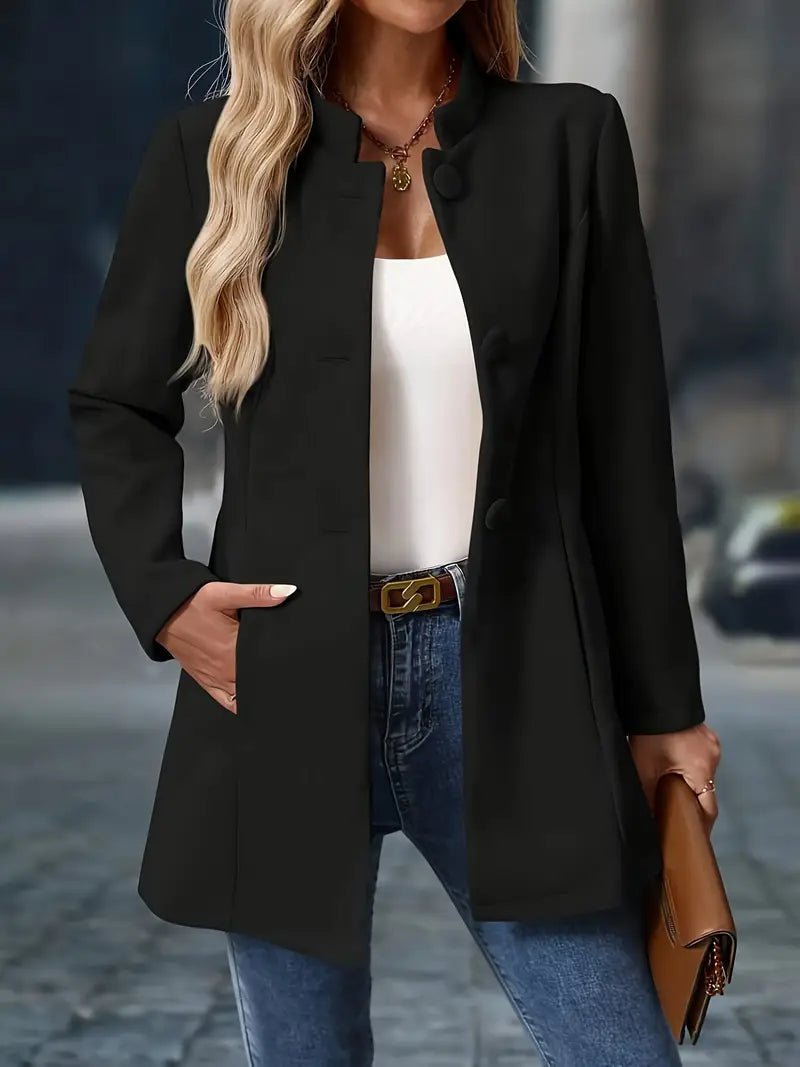 Elegant Stand Collar Coat with Button Front and Side Pockets
