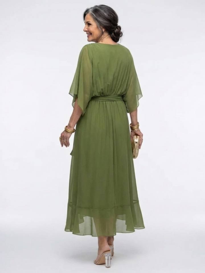 Elegant Wrap Front Midi Dress with Kimono Sleeves and Tie Waist
