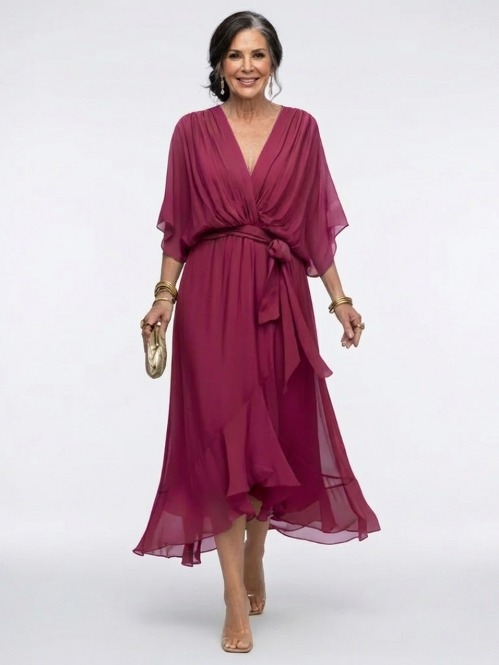 Elegant Wrap Front Midi Dress with Kimono Sleeves and Tie Waist