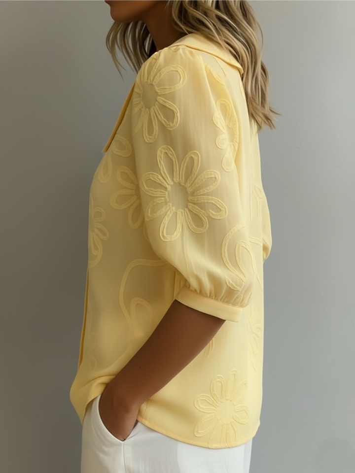 Floral Embroidered Blouse with Peter Pan Collar and Puff Sleeves