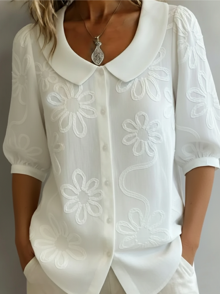 Floral Embroidered Blouse with Peter Pan Collar and Puff Sleeves