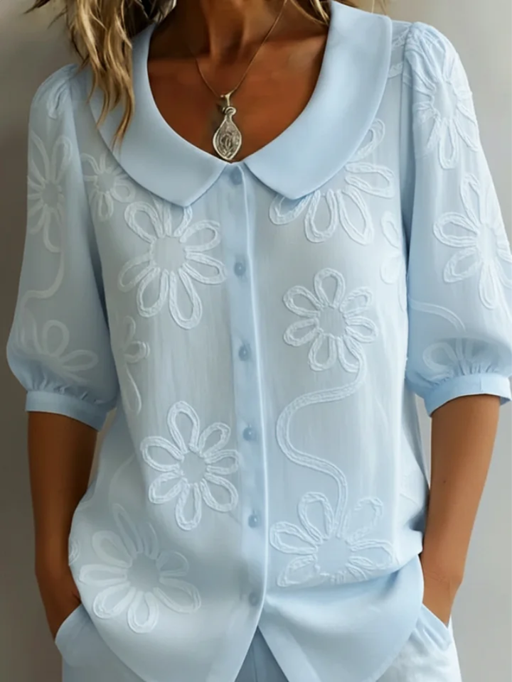 Floral Embroidered Blouse with Peter Pan Collar and Puff Sleeves