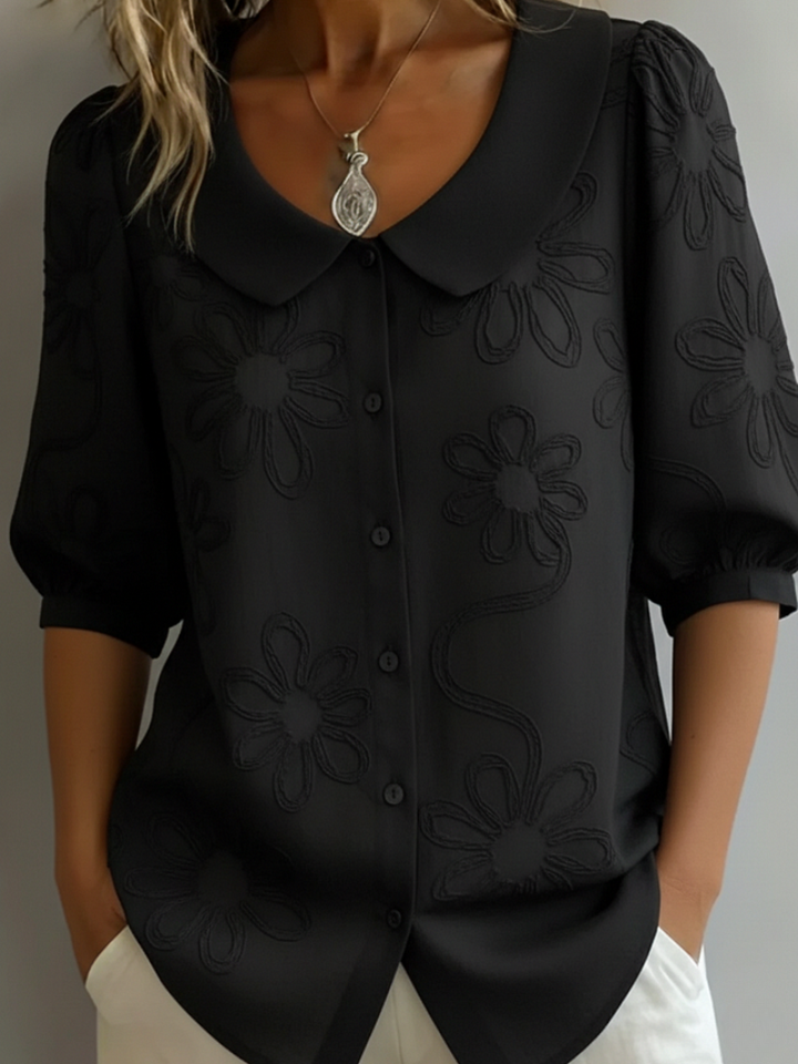Floral Embroidered Blouse with Peter Pan Collar and Puff Sleeves