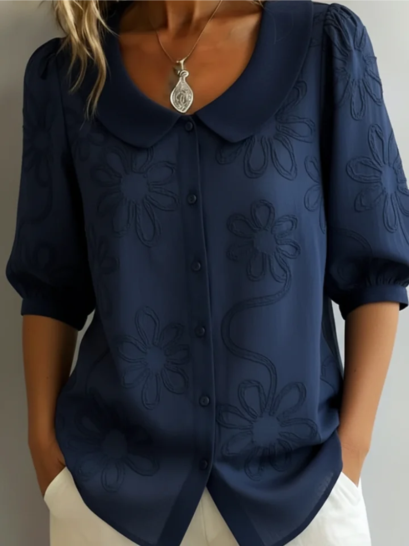Floral Embroidered Blouse with Peter Pan Collar and Puff Sleeves