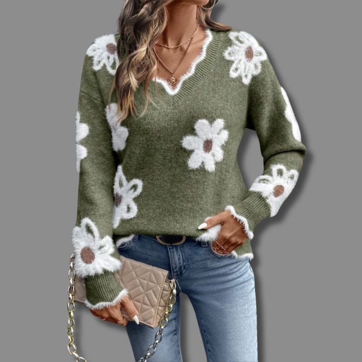 Floral Knit Sweater with V-Neckline and Daisy Print