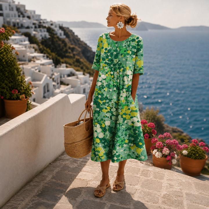Floral Print Summer Midi Dress with Short Sleeves and Pockets