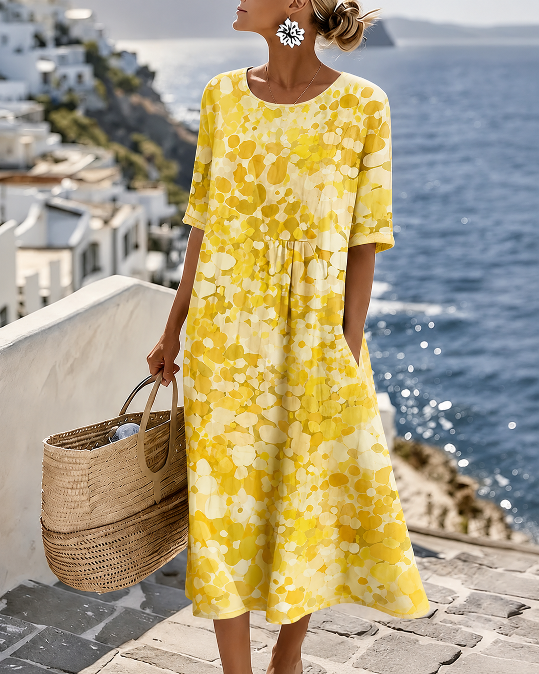 Floral Print Summer Midi Dress with Short Sleeves and Pockets