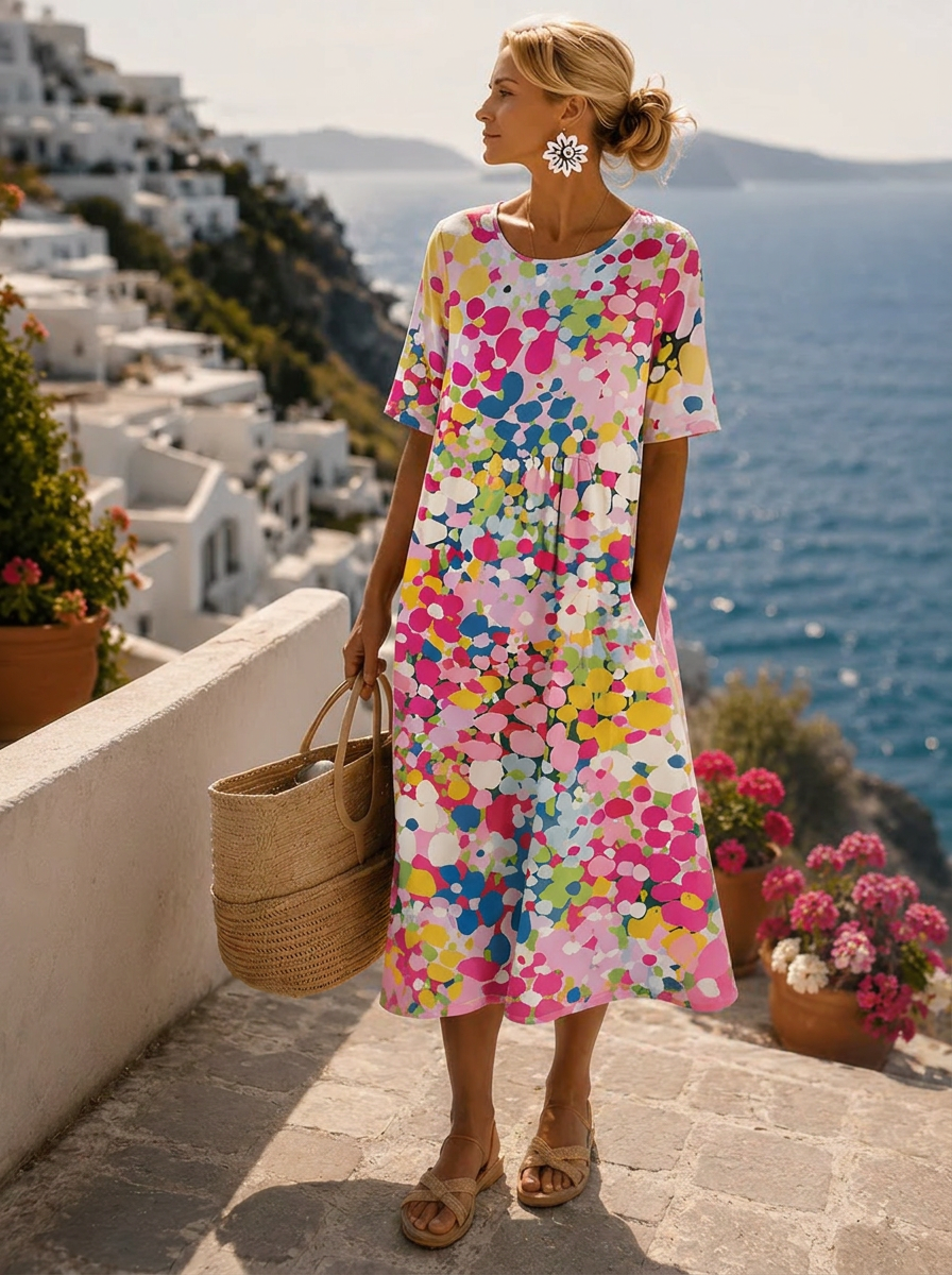 Floral Print Summer Midi Dress with Short Sleeves and Pockets