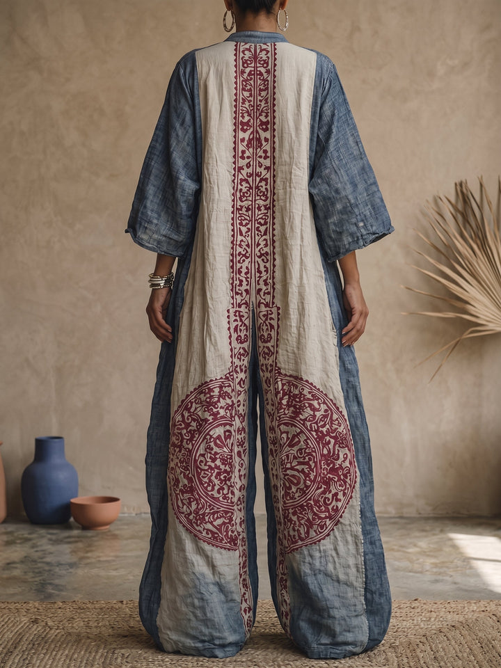 Pauline | Vintage Print V-Neck Three-Quarter Sleeve Jumpsuit