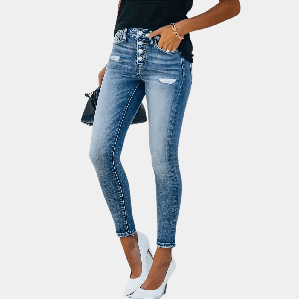 High Waisted Skinny Jeans with Distressed Detail and Multi-Button Fly