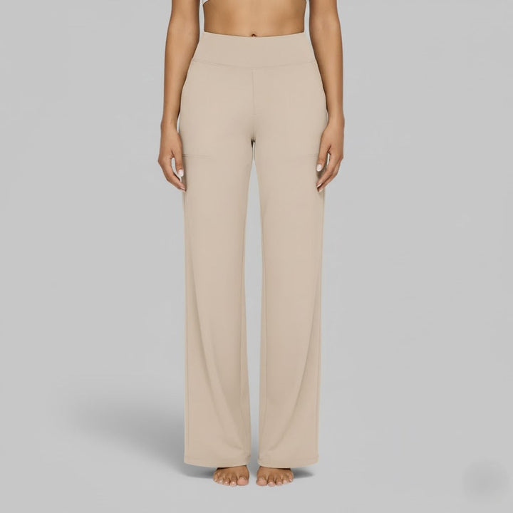 High Waisted Wide Leg Yoga Pants with Broad Waistband and Straight Leg