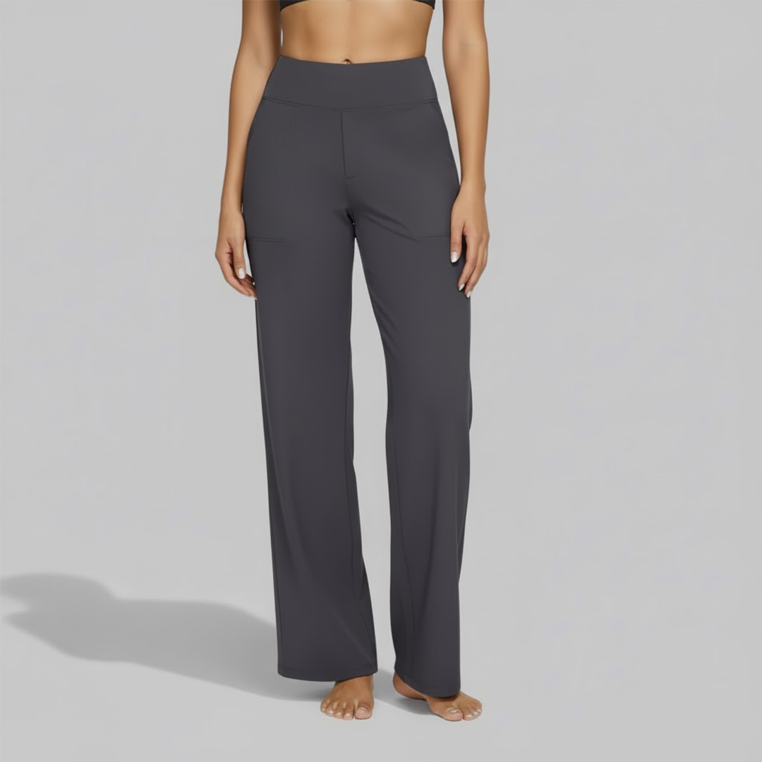 High Waisted Wide Leg Yoga Pants with Broad Waistband and Straight Leg