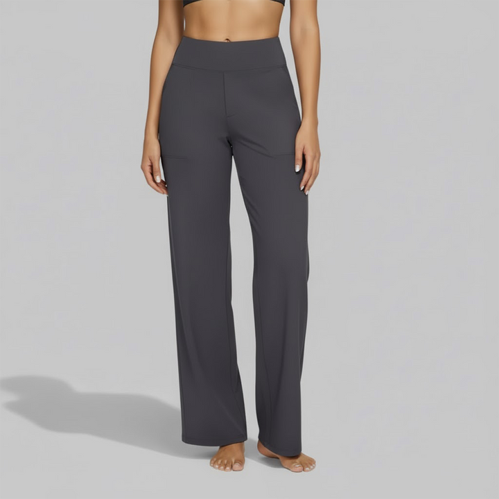 High Waisted Wide Leg Yoga Pants with Broad Waistband and Straight Leg