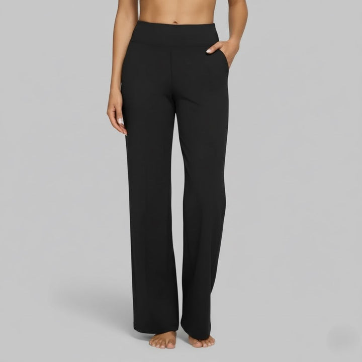 High Waisted Wide Leg Yoga Pants with Broad Waistband and Straight Leg