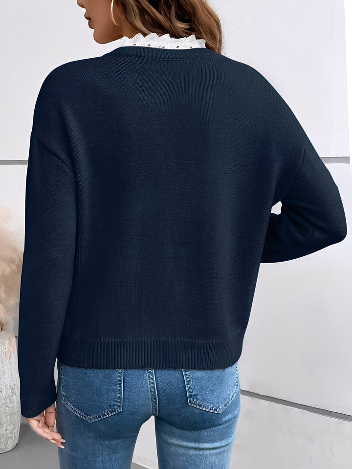 Knit Sweater with V-Neckline and Lace Trim Detail