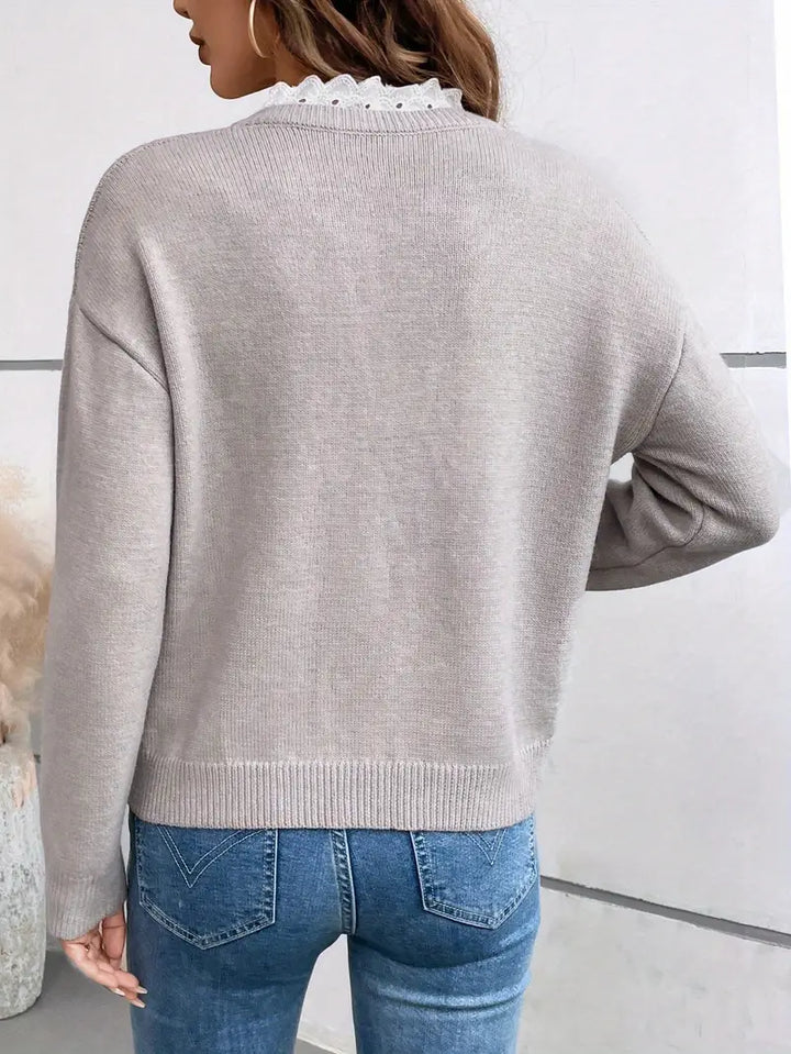 Knit Sweater with V-Neckline and Lace Trim Detail