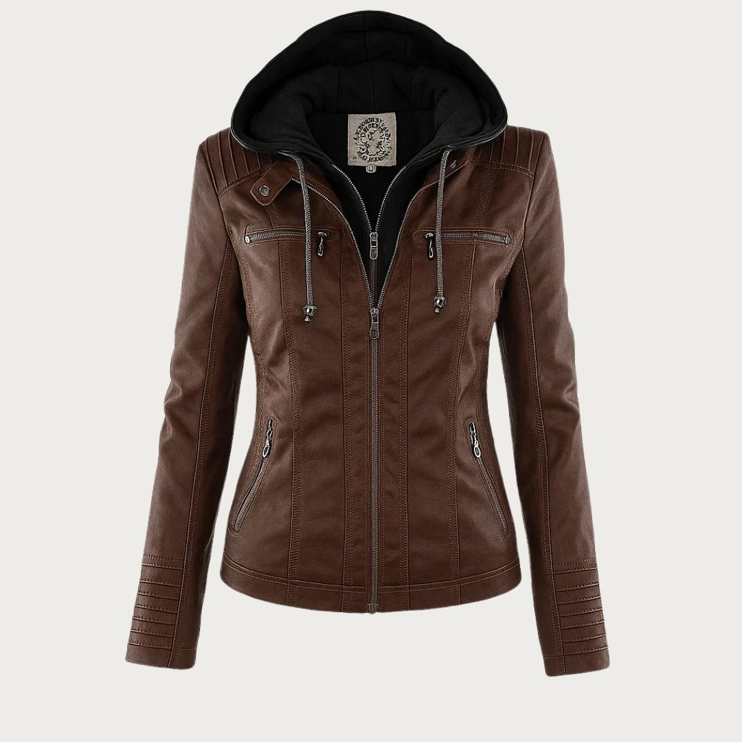 Leather Biker Jacket with Removable Hood and Zip Detail