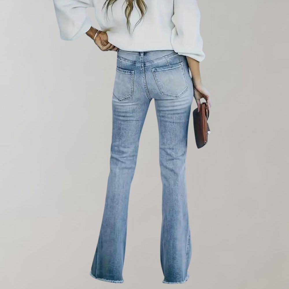 Retro High Waist Slim Flared Jeans in Light Wash Stretch Denim