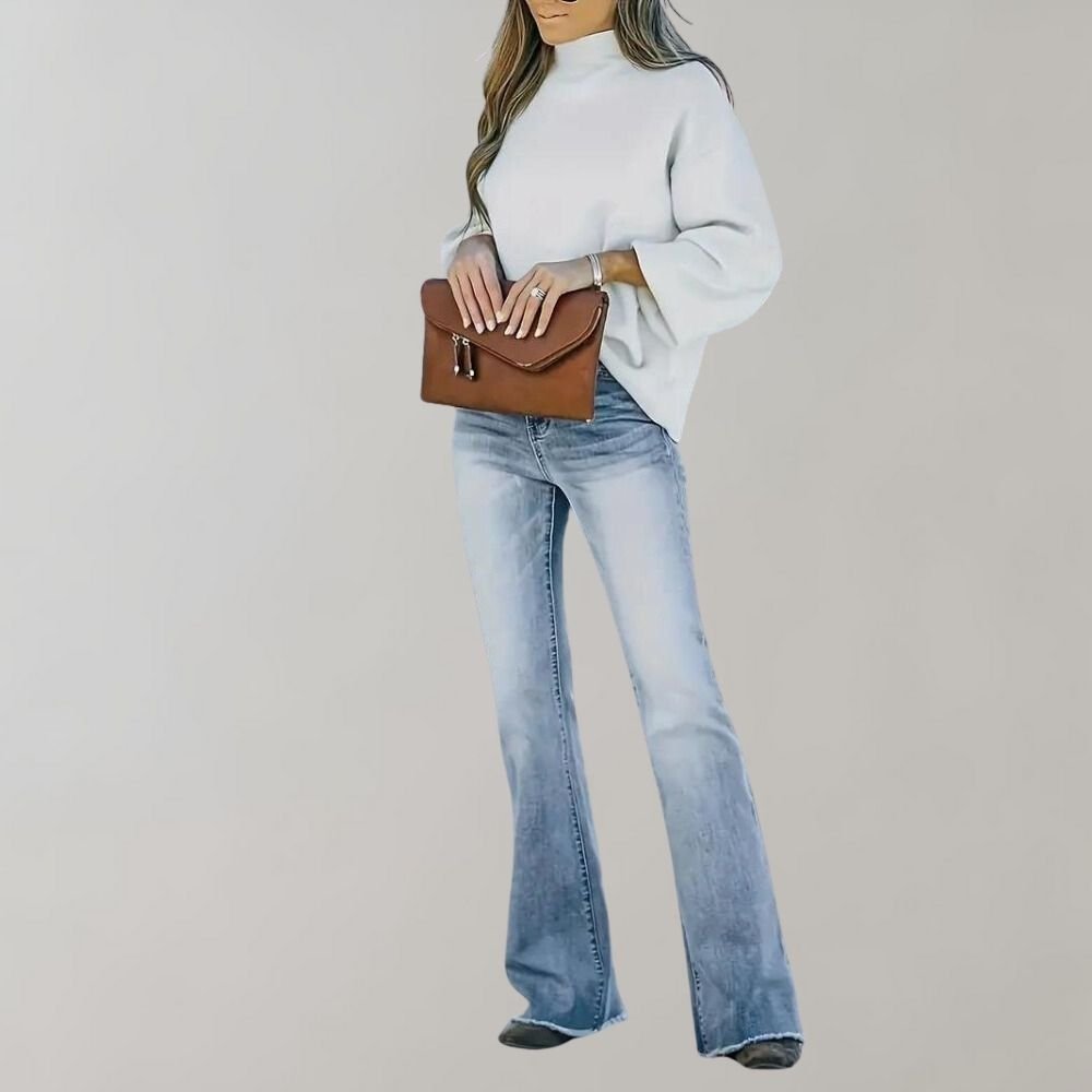 Retro High Waist Slim Flared Jeans in Light Wash Stretch Denim