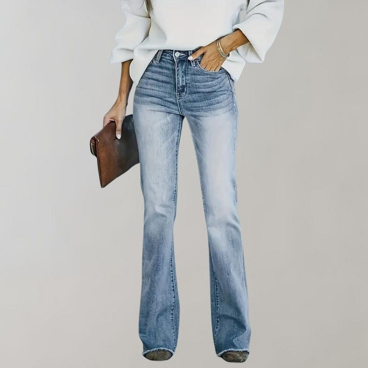 Retro High Waist Slim Flared Jeans in Light Wash Stretch Denim