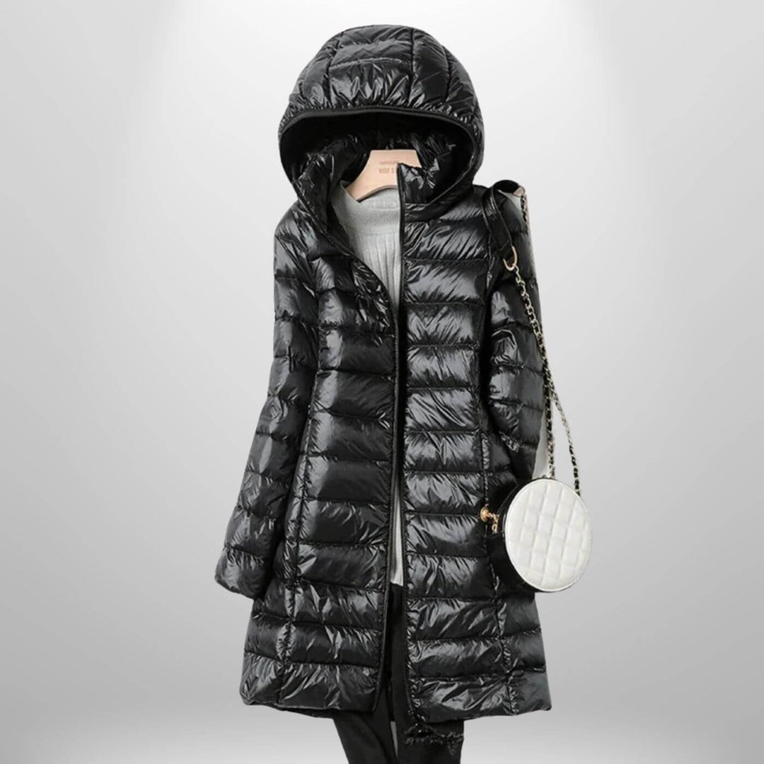 Long Lightweight Hooded Puffer Jacket with Zip Closure