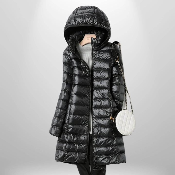 Long Lightweight Hooded Puffer Jacket with Zip Closure