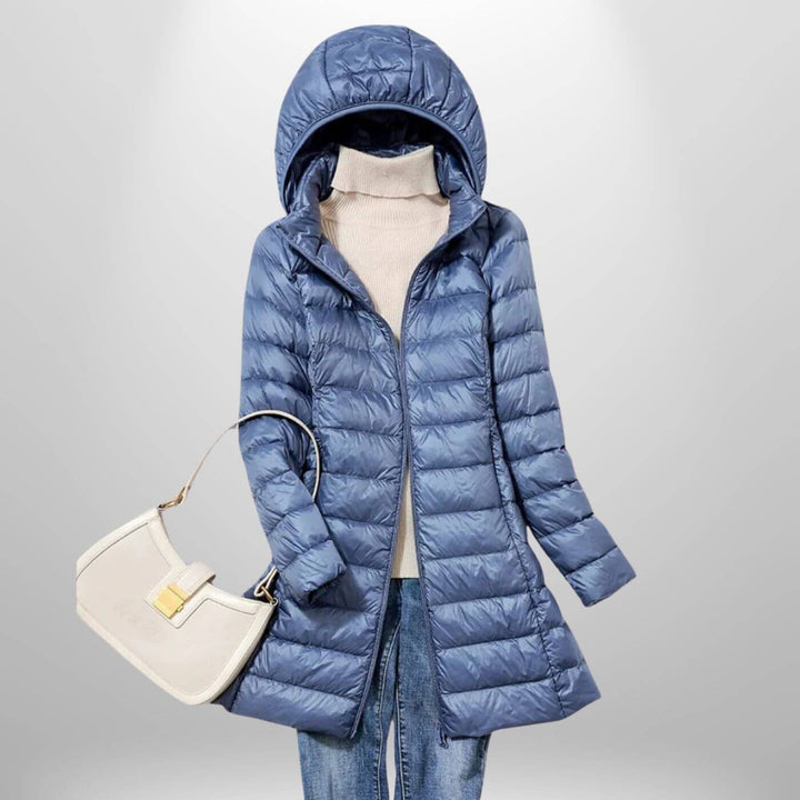 Long Lightweight Hooded Puffer Jacket with Zip Closure
