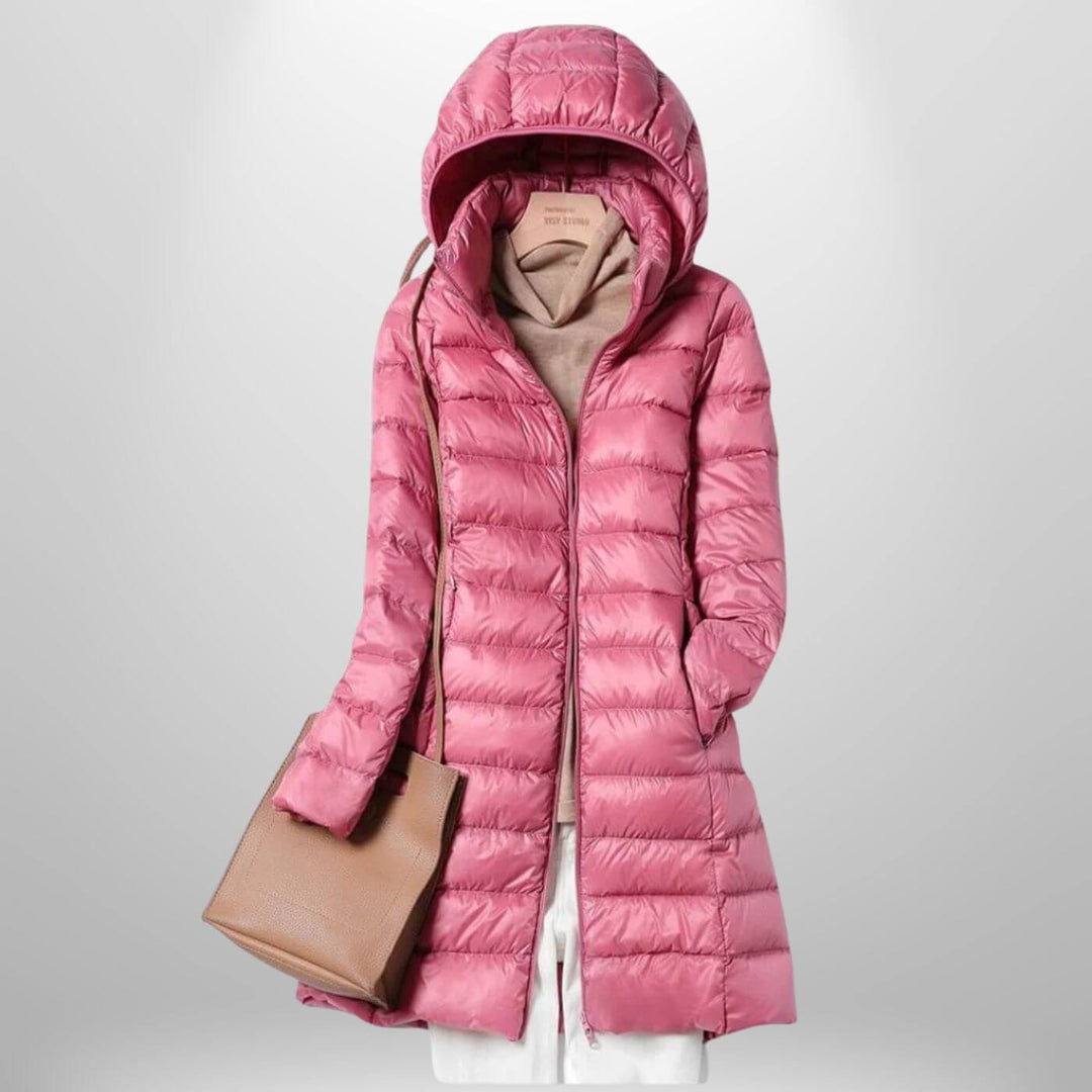 Long Lightweight Hooded Puffer Jacket with Zip Closure
