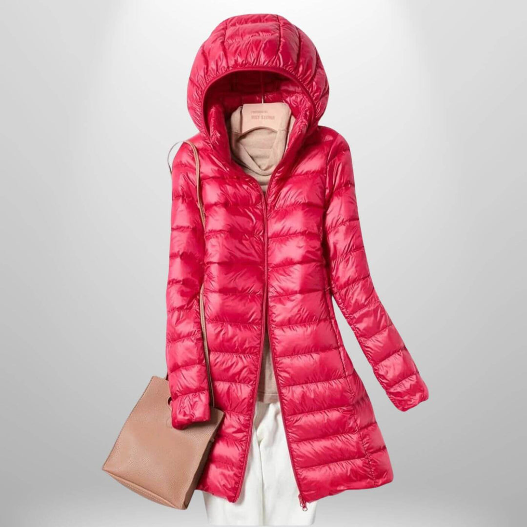 Long Lightweight Hooded Puffer Jacket with Zip Closure