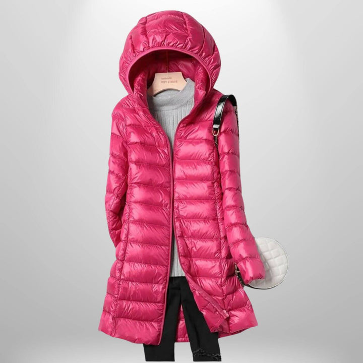 Long Lightweight Hooded Puffer Jacket with Zip Closure