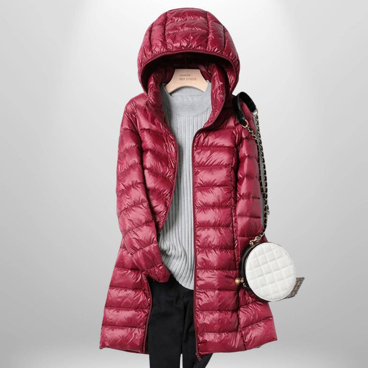 Long Lightweight Hooded Puffer Jacket with Zip Closure