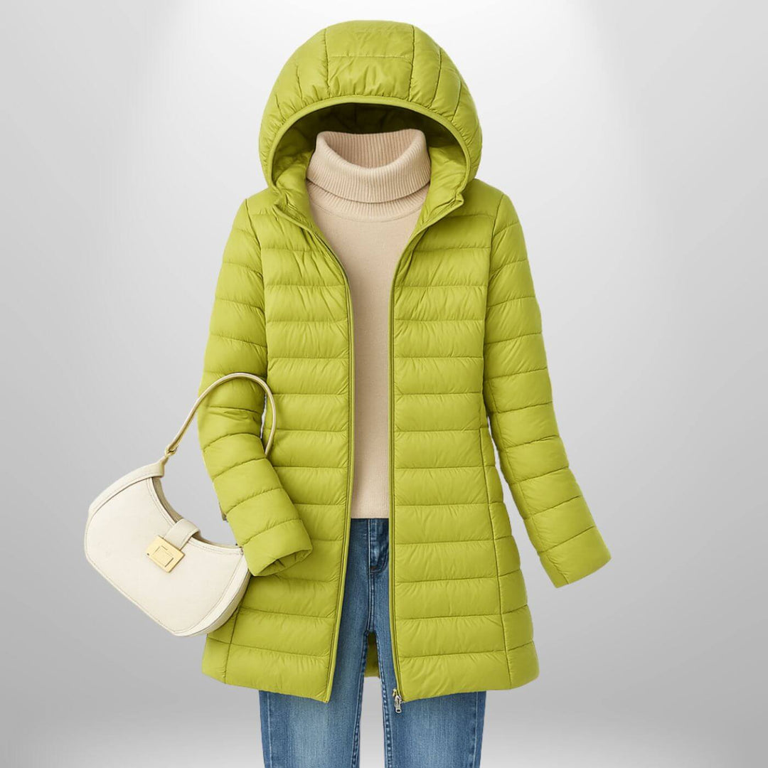 Long Lightweight Hooded Puffer Jacket with Zip Closure