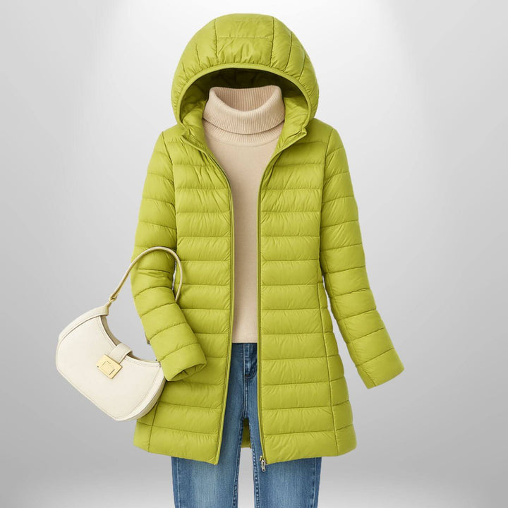 Long Lightweight Hooded Puffer Jacket with Zip Closure