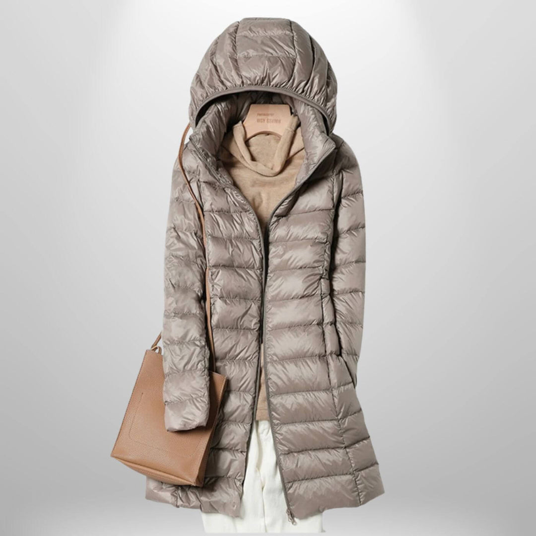 Long Lightweight Hooded Puffer Jacket with Zip Closure
