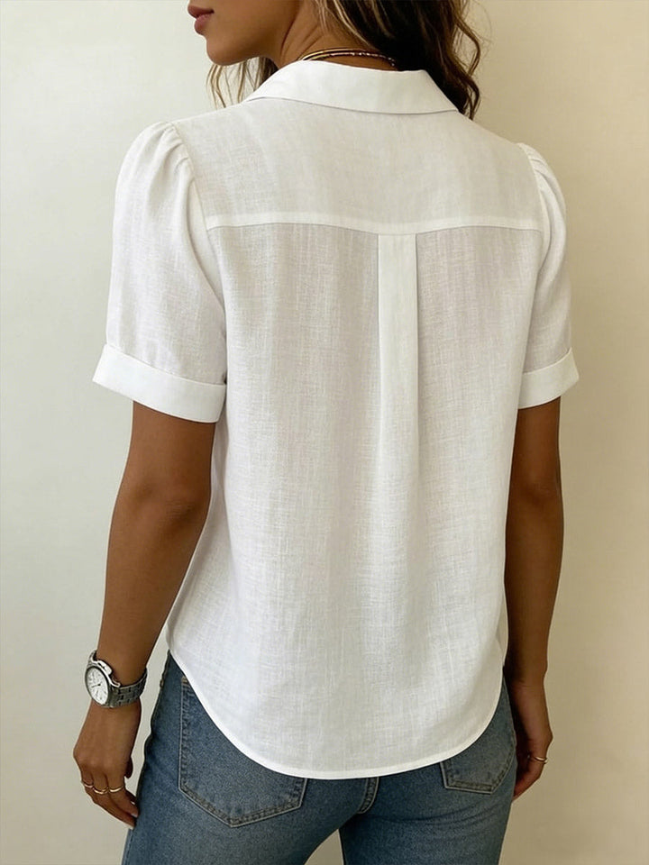 Linen Pleated Front Blouse with Collar and Short Sleeves