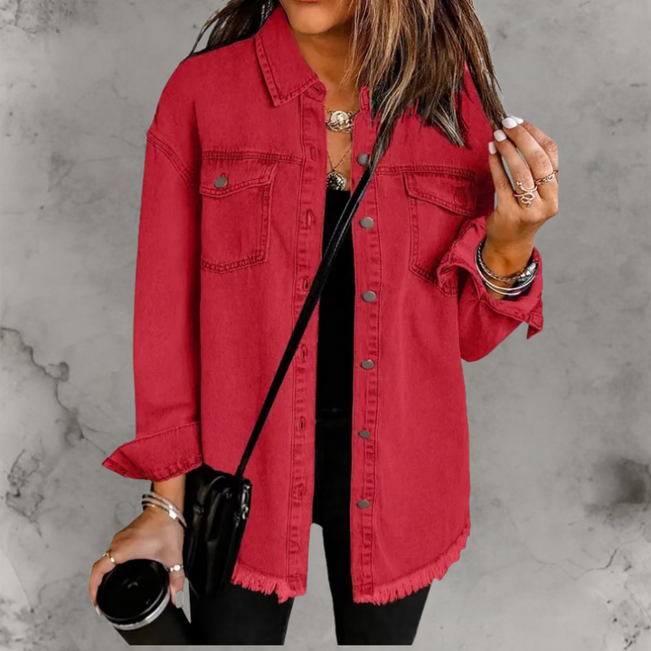 Oversized Denim Shacket with Frayed Hem and Chest Pockets