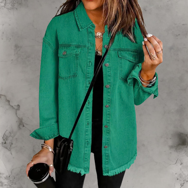 Oversized Denim Shacket with Frayed Hem and Chest Pockets