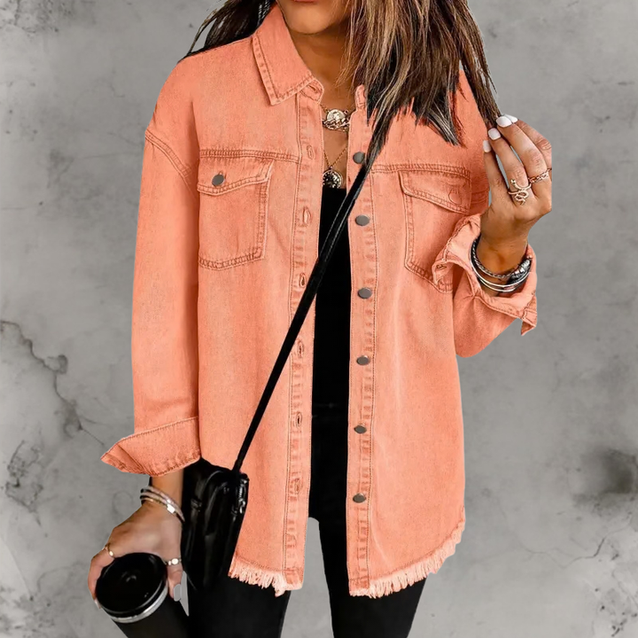Oversized Denim Shacket with Frayed Hem and Chest Pockets
