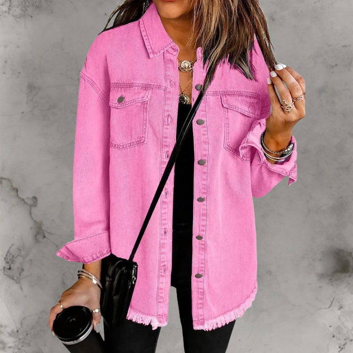 Oversized Denim Shacket with Frayed Hem and Chest Pockets