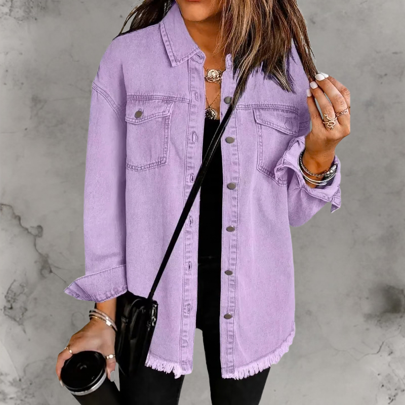 Oversized Denim Shacket with Frayed Hem and Chest Pockets