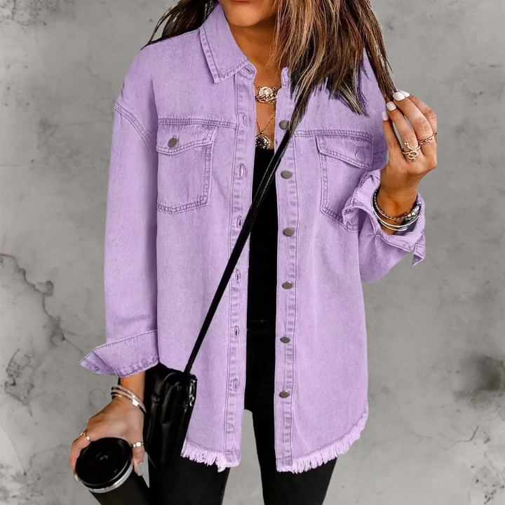 Oversized Denim Shacket with Frayed Hem and Chest Pockets